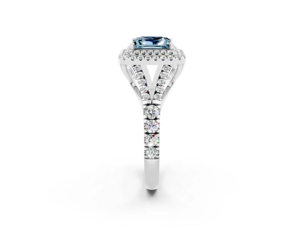 Silver Double Halo Princess Cut Aquamarine Split Shank Engagement Ring with Four-Prong Setting