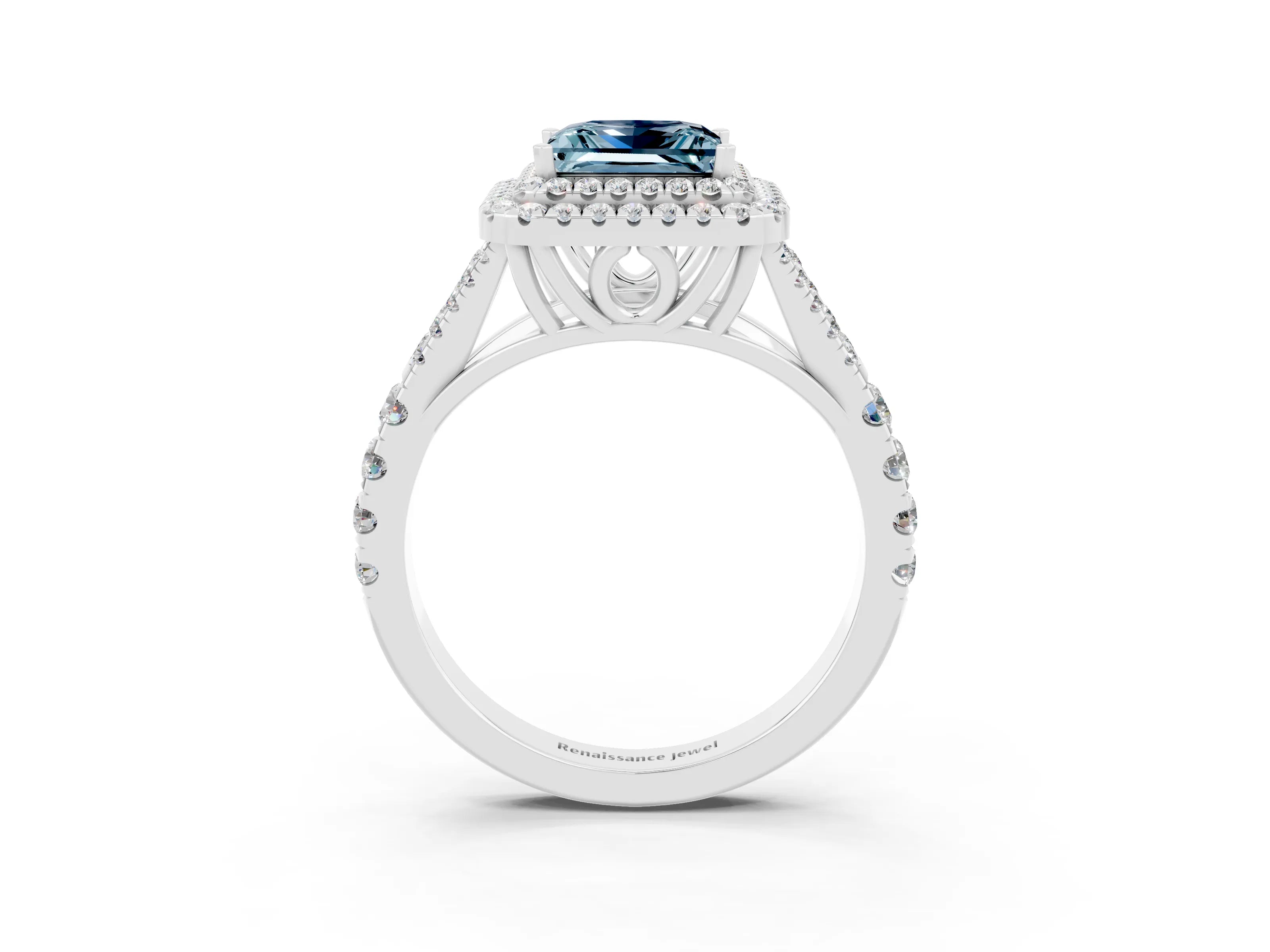 White gold Double Halo Princess Cut Aquamarine Split Shank Engagement Ring with Four-Prong Setting_3