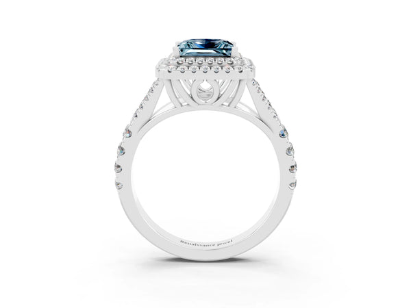 Platinum Double Halo Princess Cut Aquamarine Split Shank Engagement Ring with Four-Prong Setting