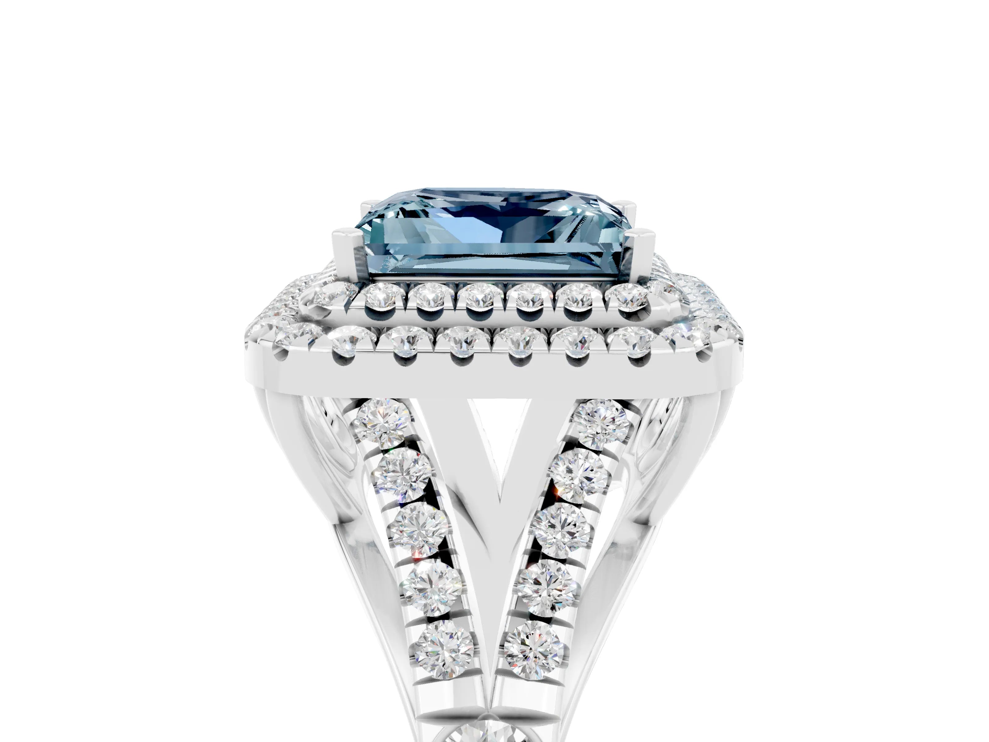 White gold Double Halo Princess Cut Aquamarine Split Shank Engagement Ring with Four-Prong Setting_5