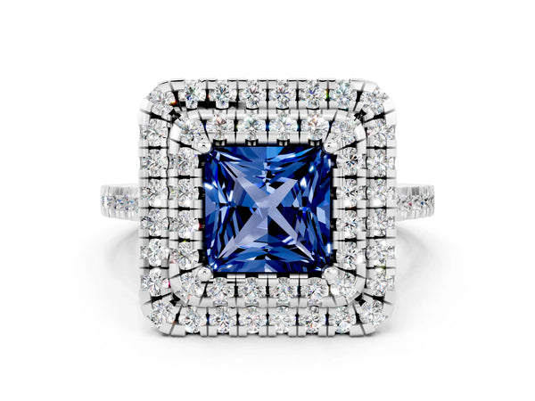 Platinum Double Halo Princess Cut Blue Sapphire Pavé Band with Four-Prong Setting