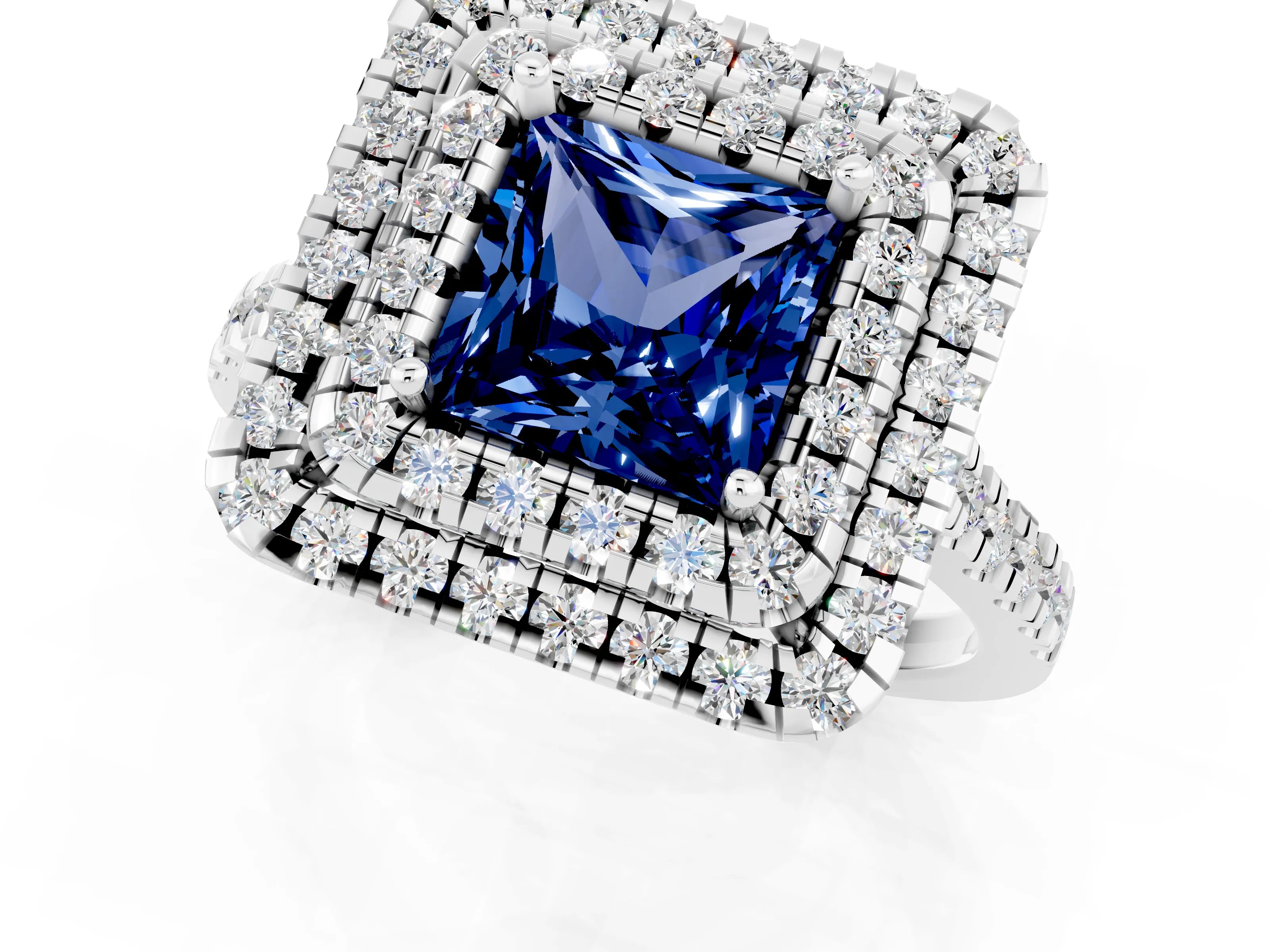 White gold Double Halo Princess Cut Blue Sapphire Pavé Band with Four-Prong Setting_1