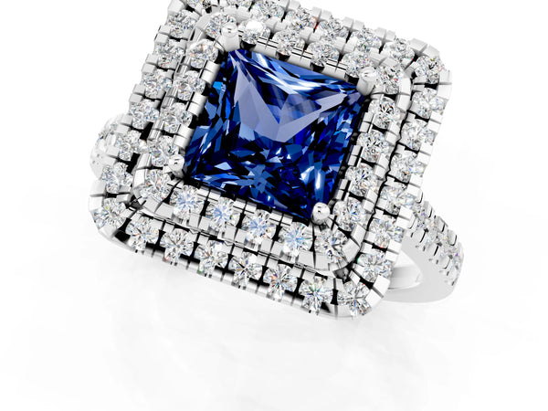 White gold Double Halo Princess Cut Blue Sapphire Pavé Band with Four-Prong Setting