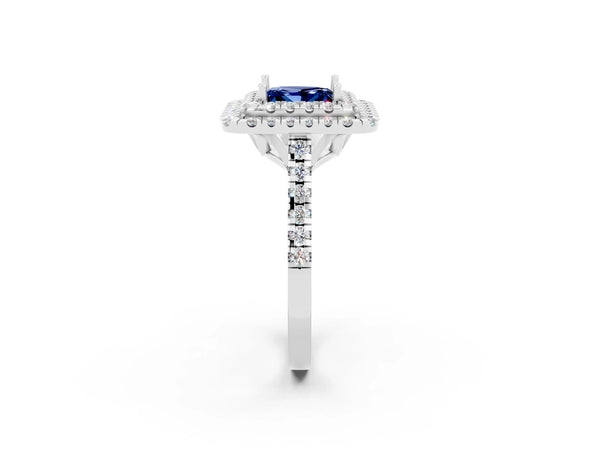 Silver Double Halo Princess Cut Blue Sapphire Pavé Band with Four-Prong Setting