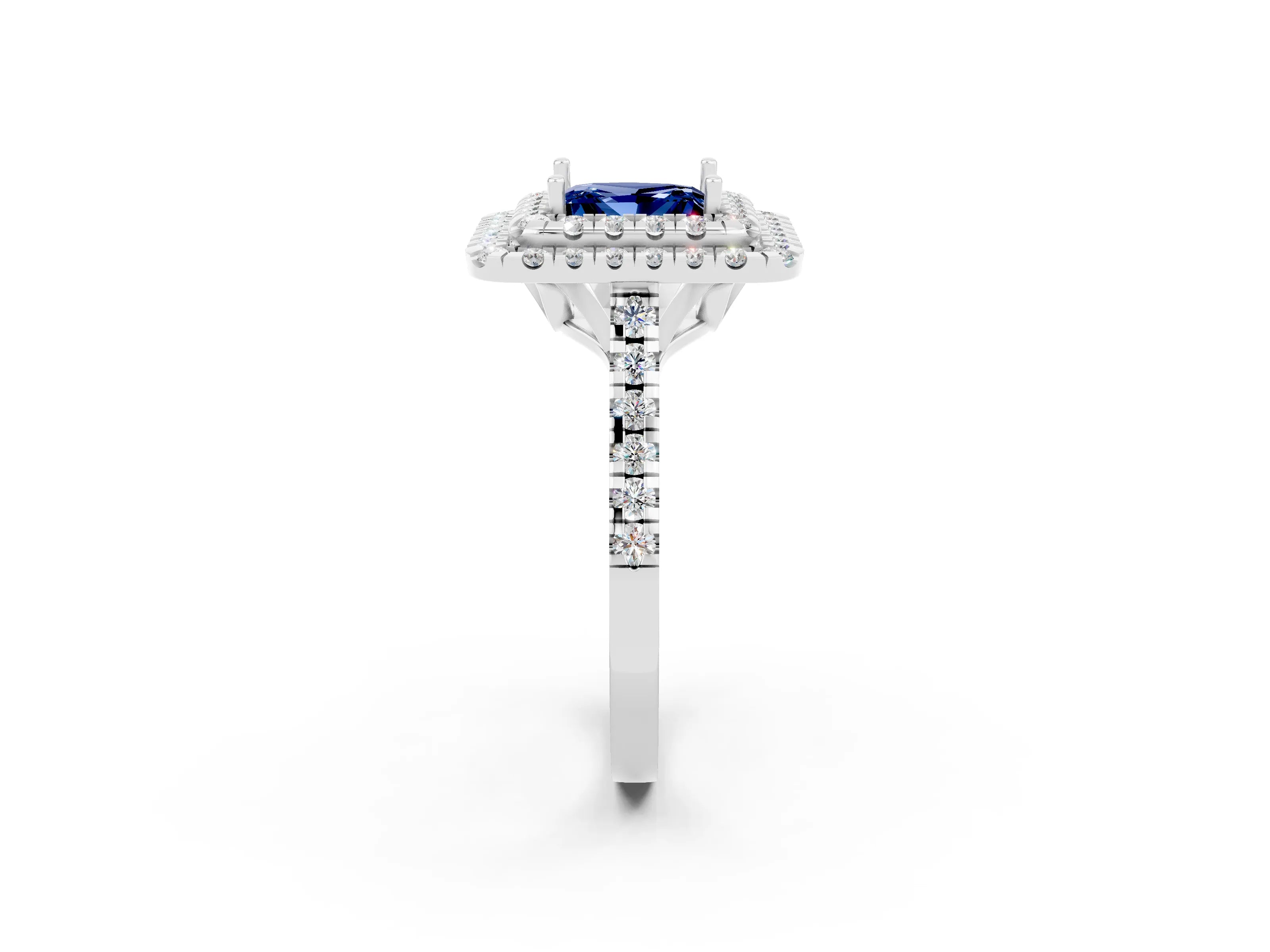 White gold Double Halo Princess Cut Blue Sapphire Pavé Band with Four-Prong Setting_2