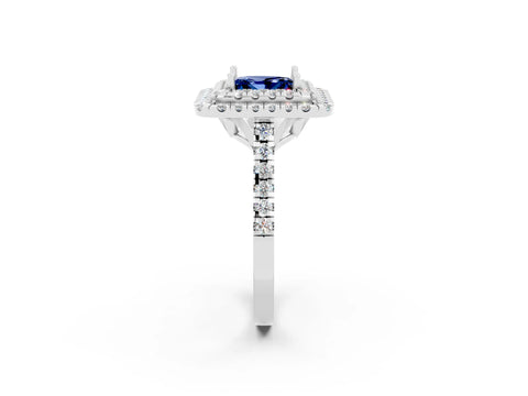 White gold Double Halo Princess Cut Blue Sapphire Pavé Band with Four-Prong Setting_2