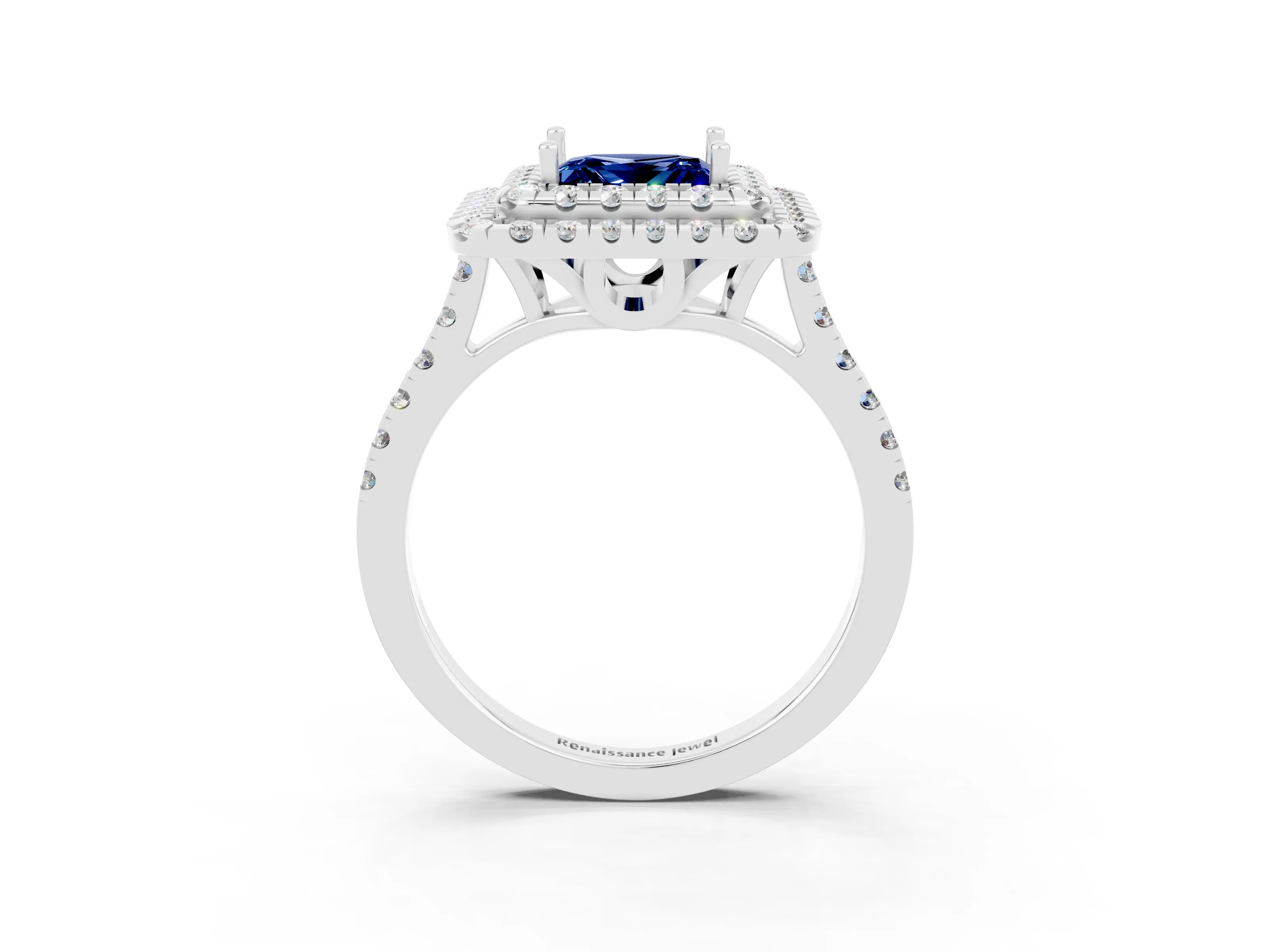 White gold Double Halo Princess Cut Blue Sapphire Pavé Band with Four-Prong Setting_3