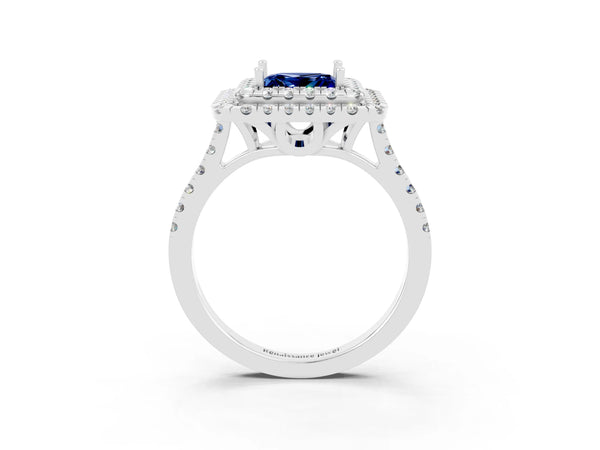 Silver Double Halo Princess Cut Blue Sapphire Pavé Band with Four-Prong Setting