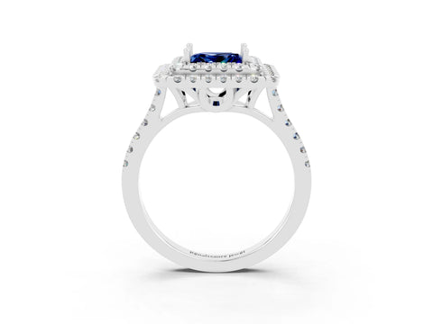 White gold Double Halo Princess Cut Blue Sapphire Pavé Band with Four-Prong Setting_3
