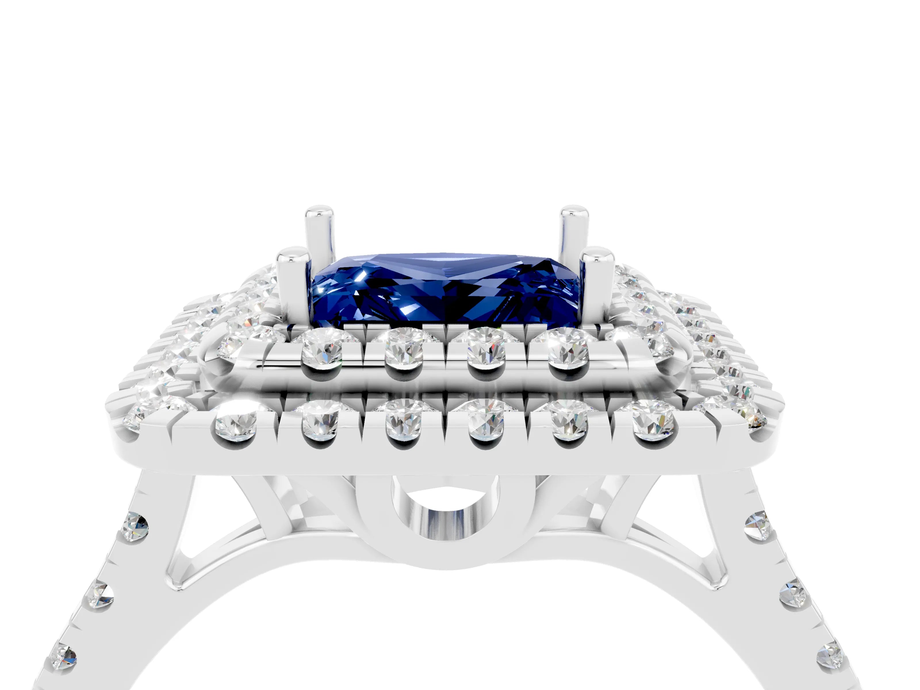 White gold Double Halo Princess Cut Blue Sapphire Pavé Band with Four-Prong Setting_4