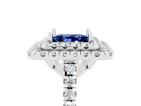 White gold Double Halo Princess Cut Blue Sapphire Pavé Band with Four-Prong Setting_5
