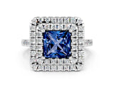 White gold Double Halo Princess Cut Blue Sapphire Pavé Band with Four-Prong Setting