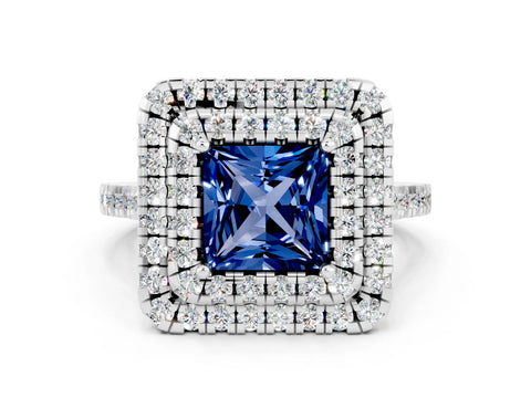 White gold Double Halo Princess Cut Blue Sapphire Pavé Band with Four-Prong Setting