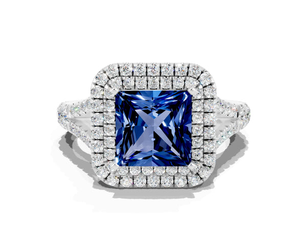 Platinum Double Halo Princess Cut Blue Sapphire Pavé Split Shank Ring with Prong Setting