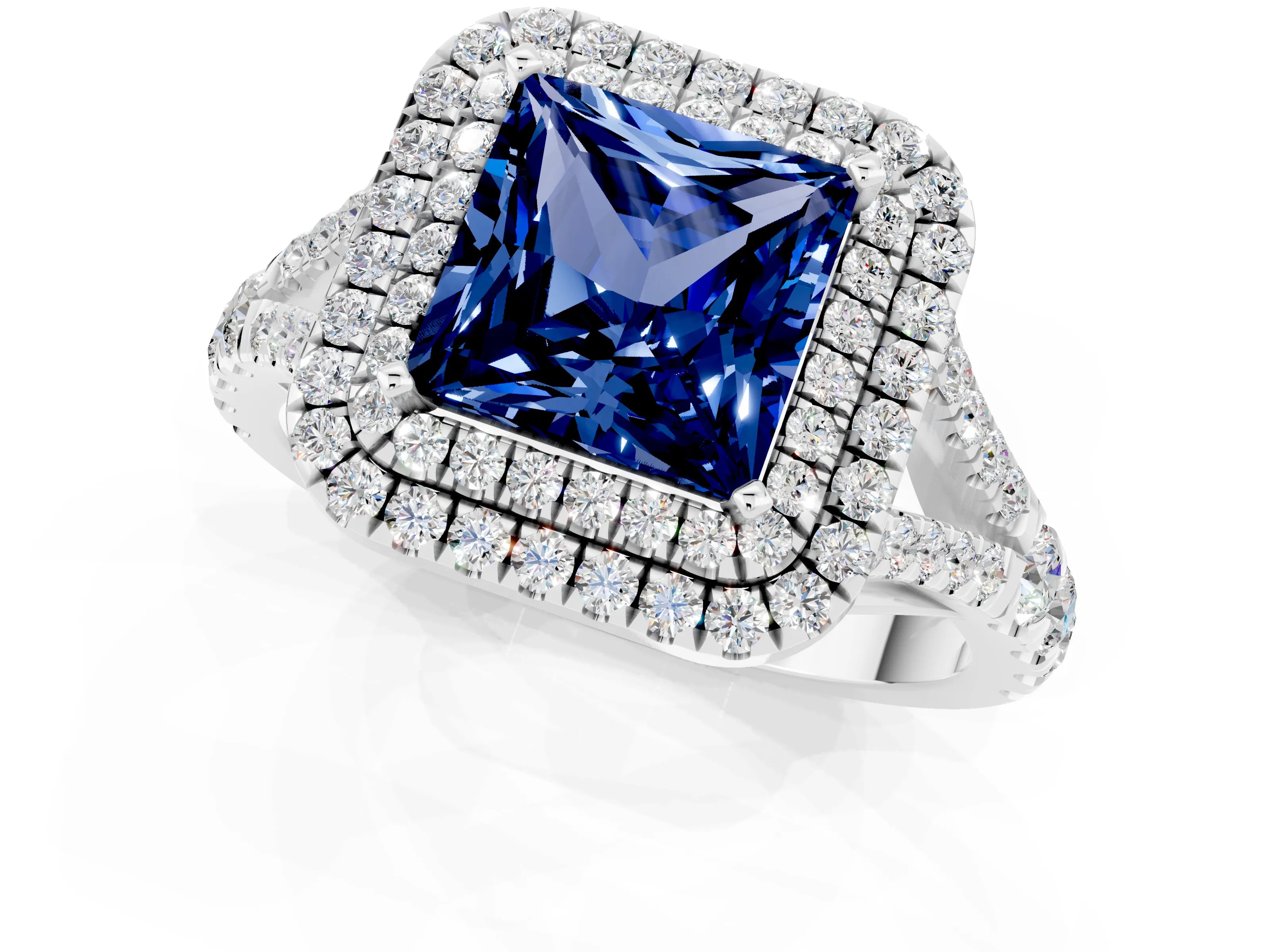 White gold Double Halo Princess Cut Blue Sapphire Pavé Split Shank Ring with Prong Setting_1