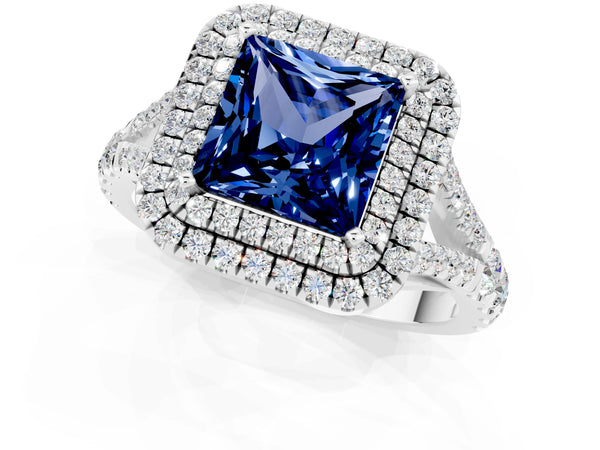 Silver Double Halo Princess Cut Blue Sapphire Pavé Split Shank Ring with Prong Setting