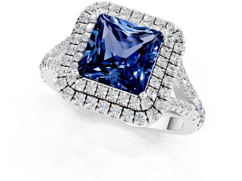 White gold Double Halo Princess Cut Blue Sapphire Pavé Split Shank Ring with Prong Setting_1