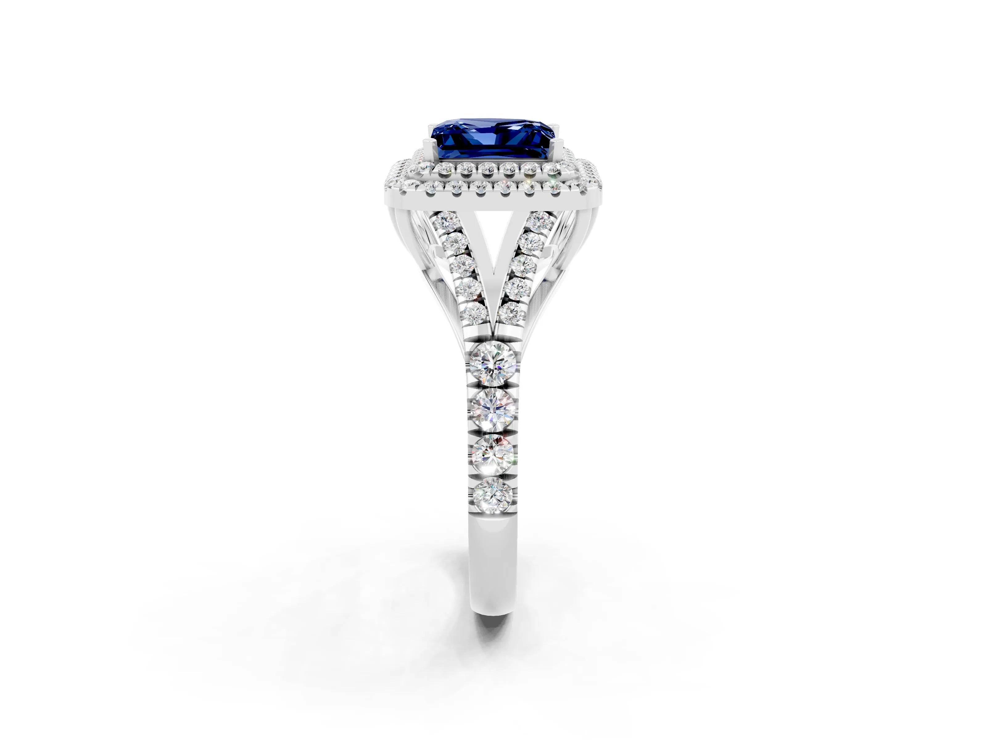 White gold Double Halo Princess Cut Blue Sapphire Pavé Split Shank Ring with Prong Setting_2