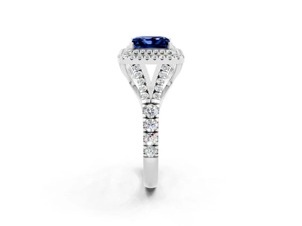 Silver Double Halo Princess Cut Blue Sapphire Pavé Split Shank Ring with Prong Setting