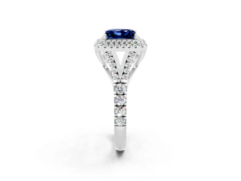 White gold Double Halo Princess Cut Blue Sapphire Pavé Split Shank Ring with Prong Setting_2
