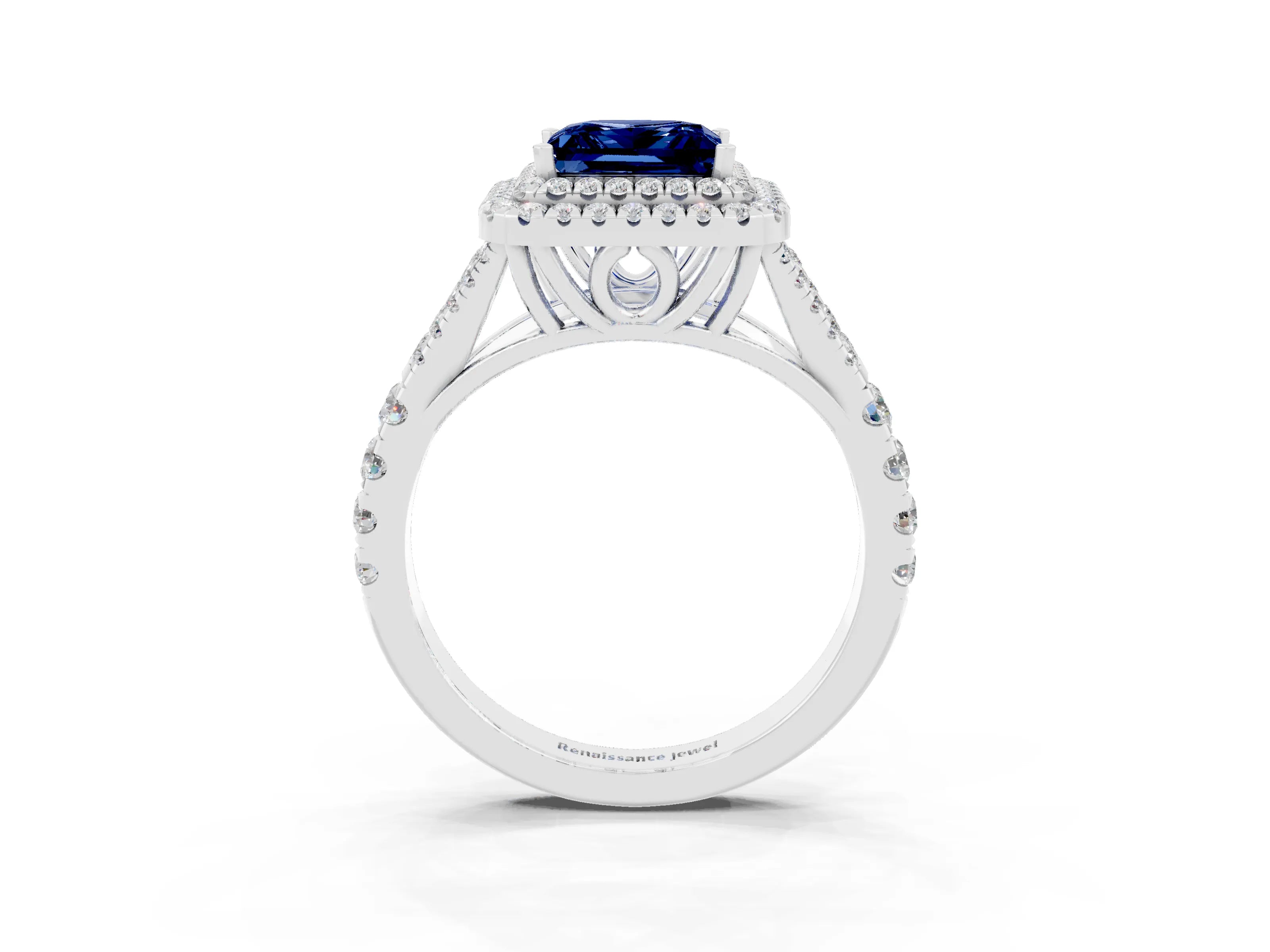 White gold Double Halo Princess Cut Blue Sapphire Pavé Split Shank Ring with Prong Setting_3