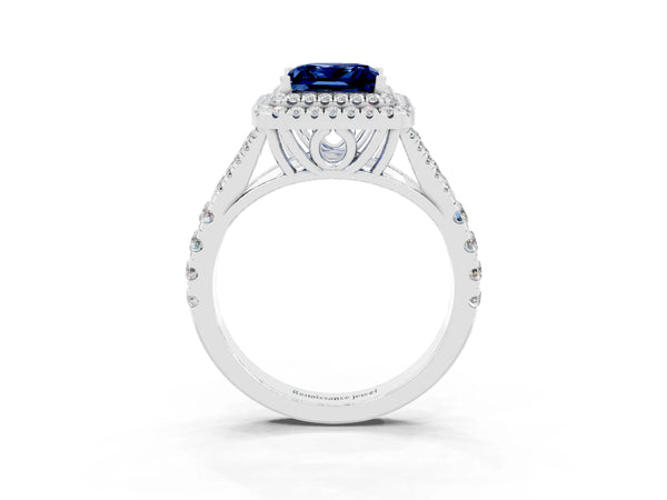 White gold Double Halo Princess Cut Blue Sapphire Pavé Split Shank Ring with Prong Setting