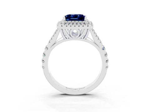 White gold Double Halo Princess Cut Blue Sapphire Pavé Split Shank Ring with Prong Setting_3