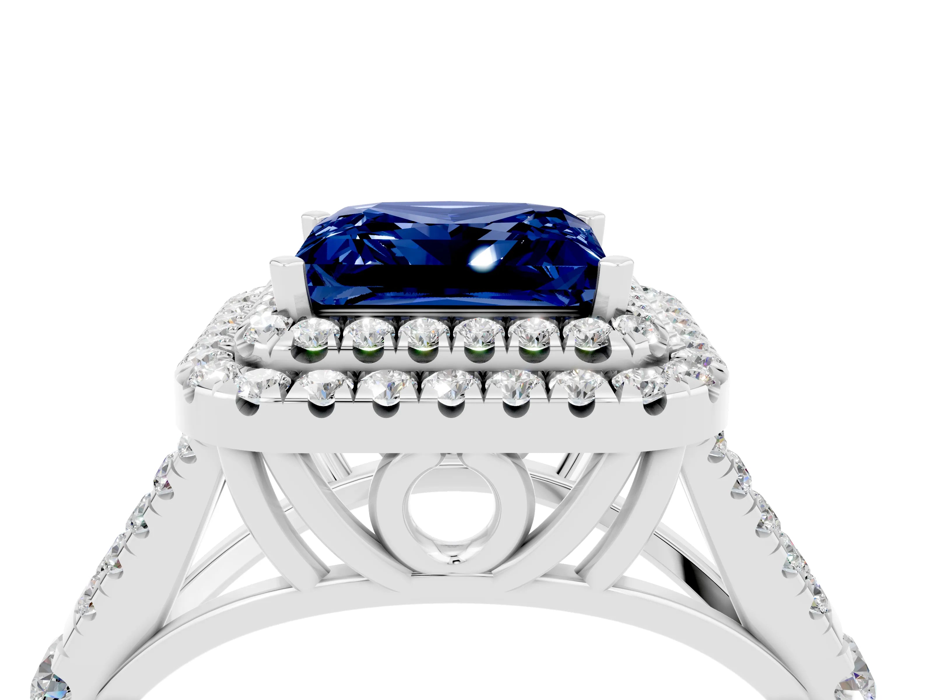 White gold Double Halo Princess Cut Blue Sapphire Pavé Split Shank Ring with Prong Setting_4