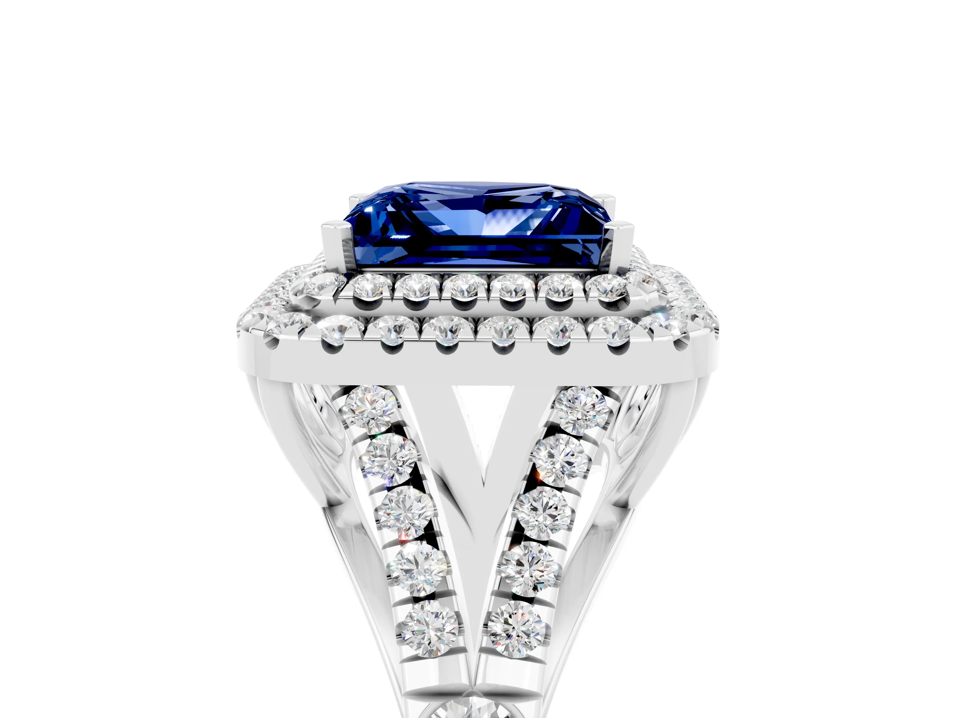White gold Double Halo Princess Cut Blue Sapphire Pavé Split Shank Ring with Prong Setting_5