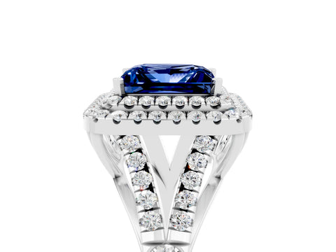 White gold Double Halo Princess Cut Blue Sapphire Pavé Split Shank Ring with Prong Setting_5