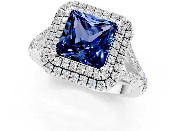 Platinum Double Halo Princess Cut Blue Sapphire Split Shank Engagement Ring with Four-Prong Setting