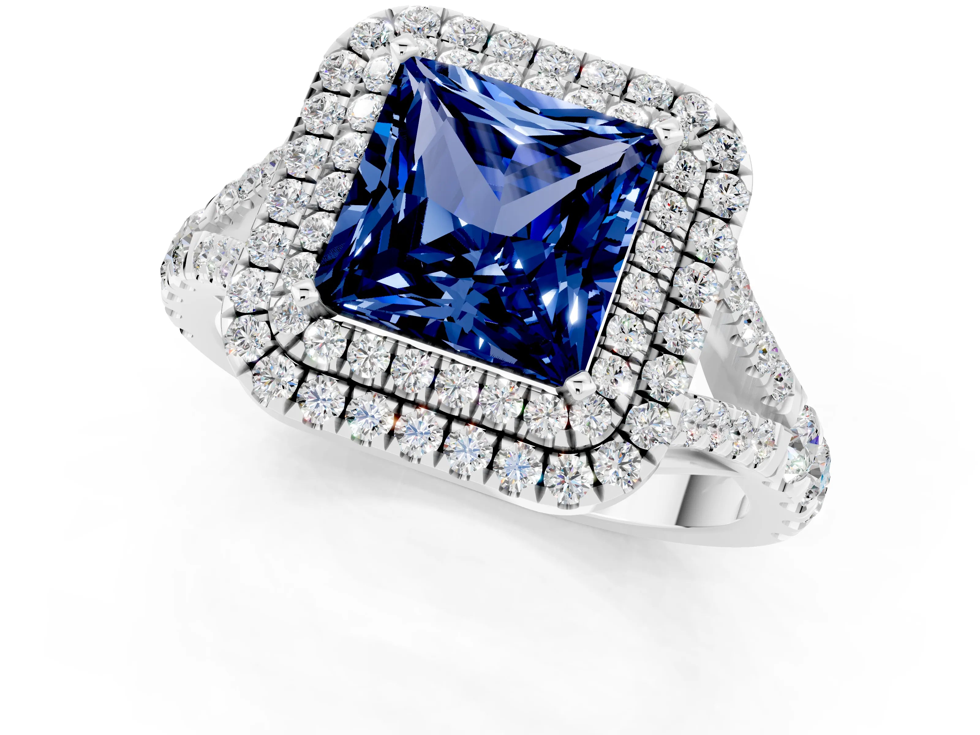 White gold Double Halo Princess Cut Blue Sapphire Split Shank Engagement Ring with Four-Prong Setting_1