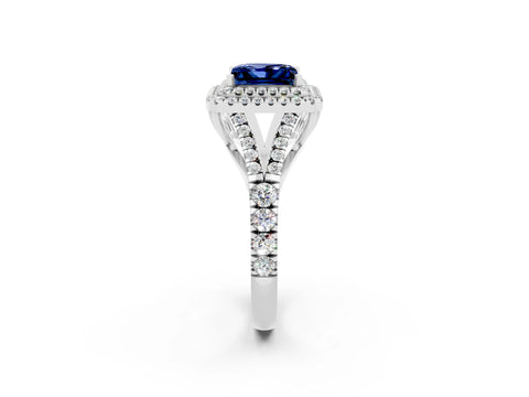 White gold Double Halo Princess Cut Blue Sapphire Split Shank Engagement Ring with Four-Prong Setting_2