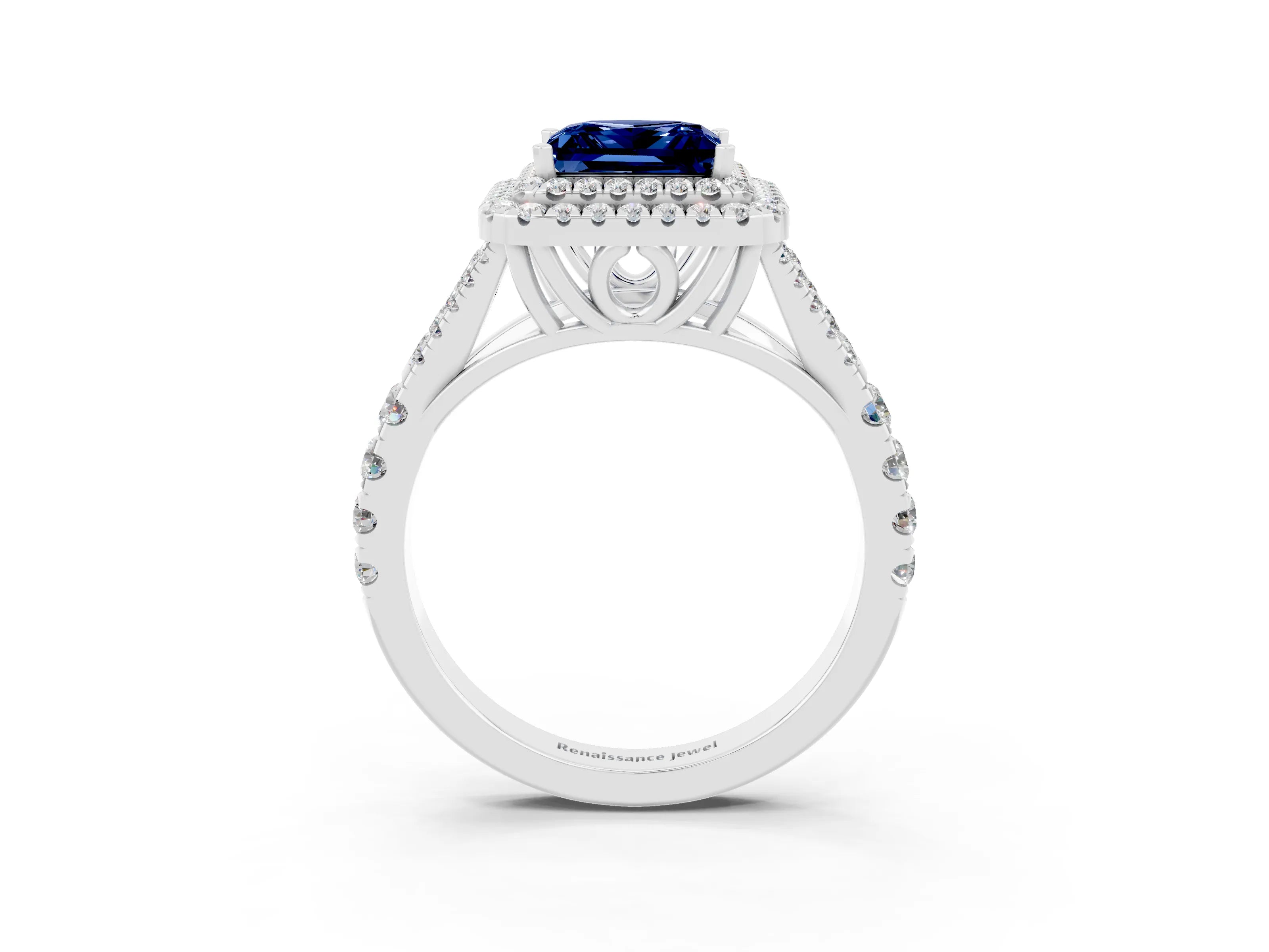 White gold Double Halo Princess Cut Blue Sapphire Split Shank Engagement Ring with Four-Prong Setting_3