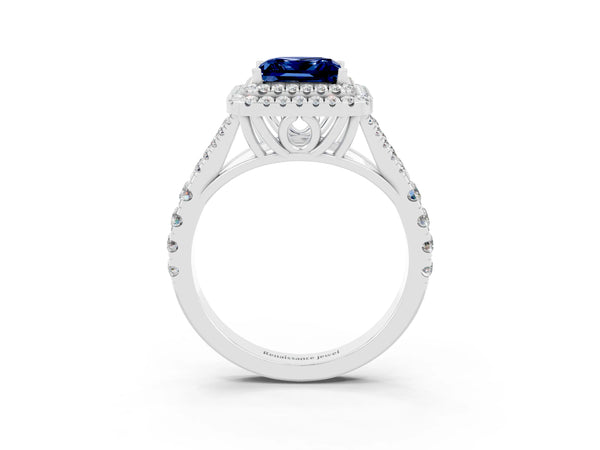 White gold Double Halo Princess Cut Blue Sapphire Split Shank Engagement Ring with Four-Prong Setting