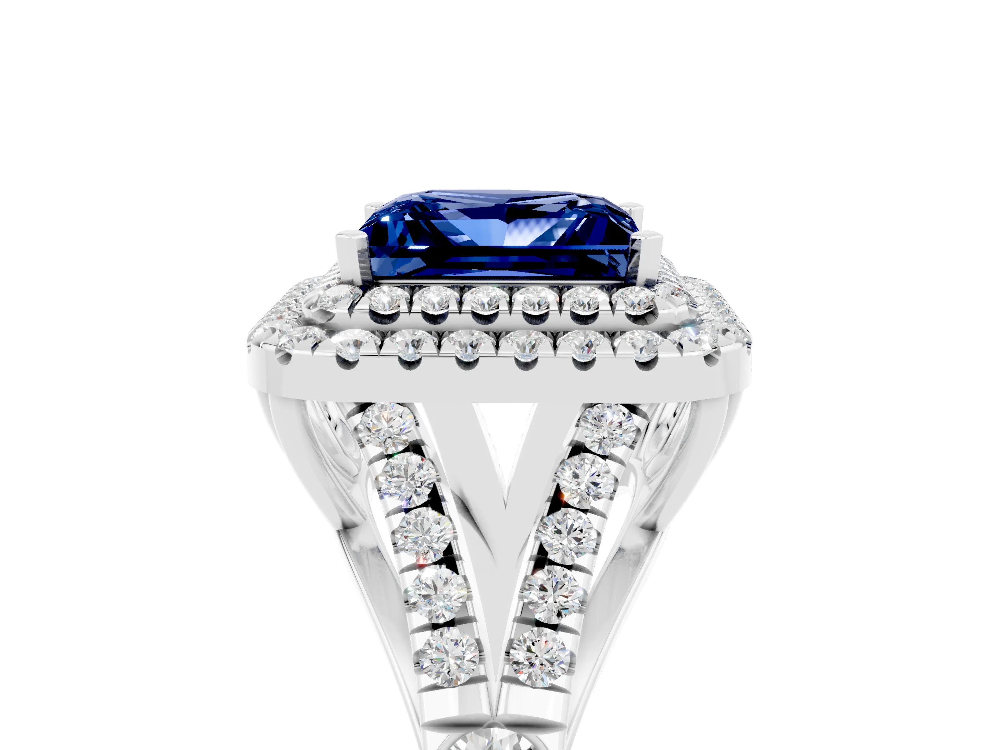 White gold Double Halo Princess Cut Blue Sapphire Split Shank Engagement Ring with Four-Prong Setting_5