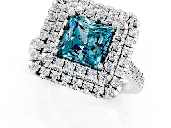 Silver Double Halo Princess Cut Blue Topaz Pavé Band with Four-Prong Setting