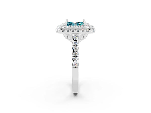 White gold Double Halo Princess Cut Blue Topaz Pavé Band with Four-Prong Setting