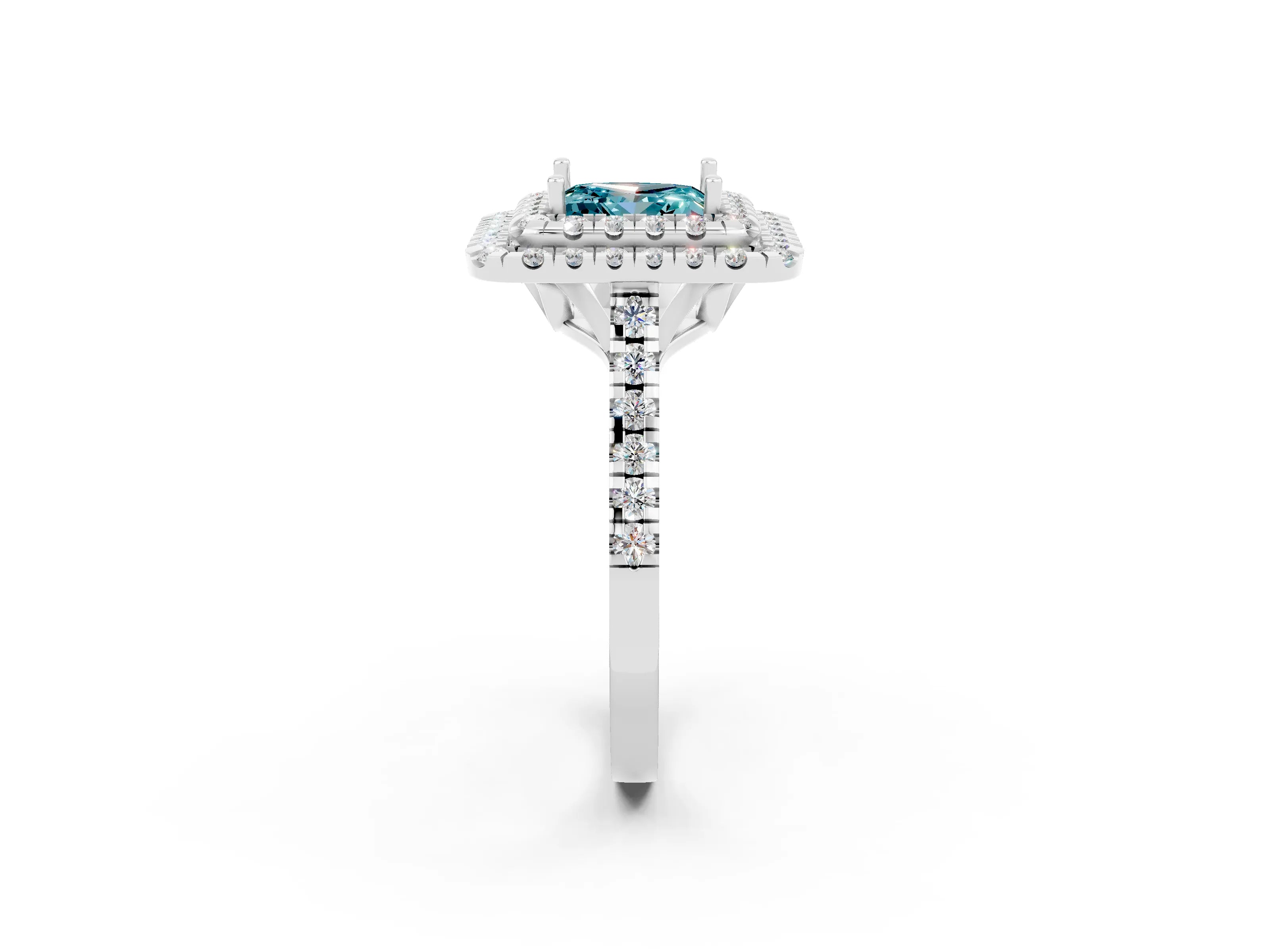 White gold Double Halo Princess Cut Blue Topaz Pavé Band with Four-Prong Setting_2