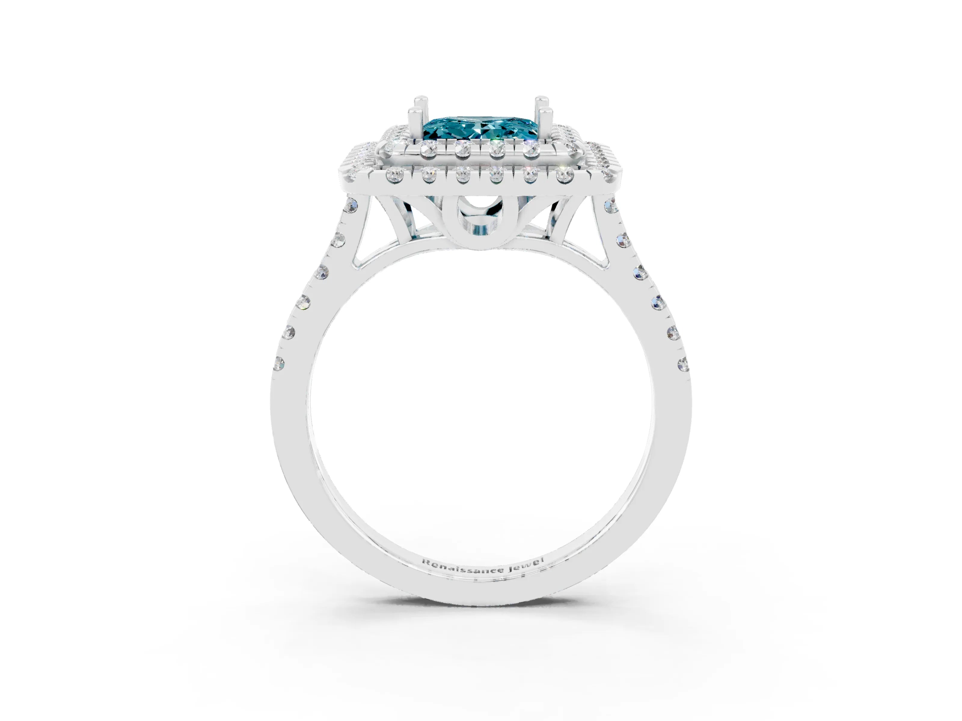 White gold Double Halo Princess Cut Blue Topaz Pavé Band with Four-Prong Setting_3