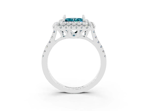 Platinum Double Halo Princess Cut Blue Topaz Pavé Band with Four-Prong Setting