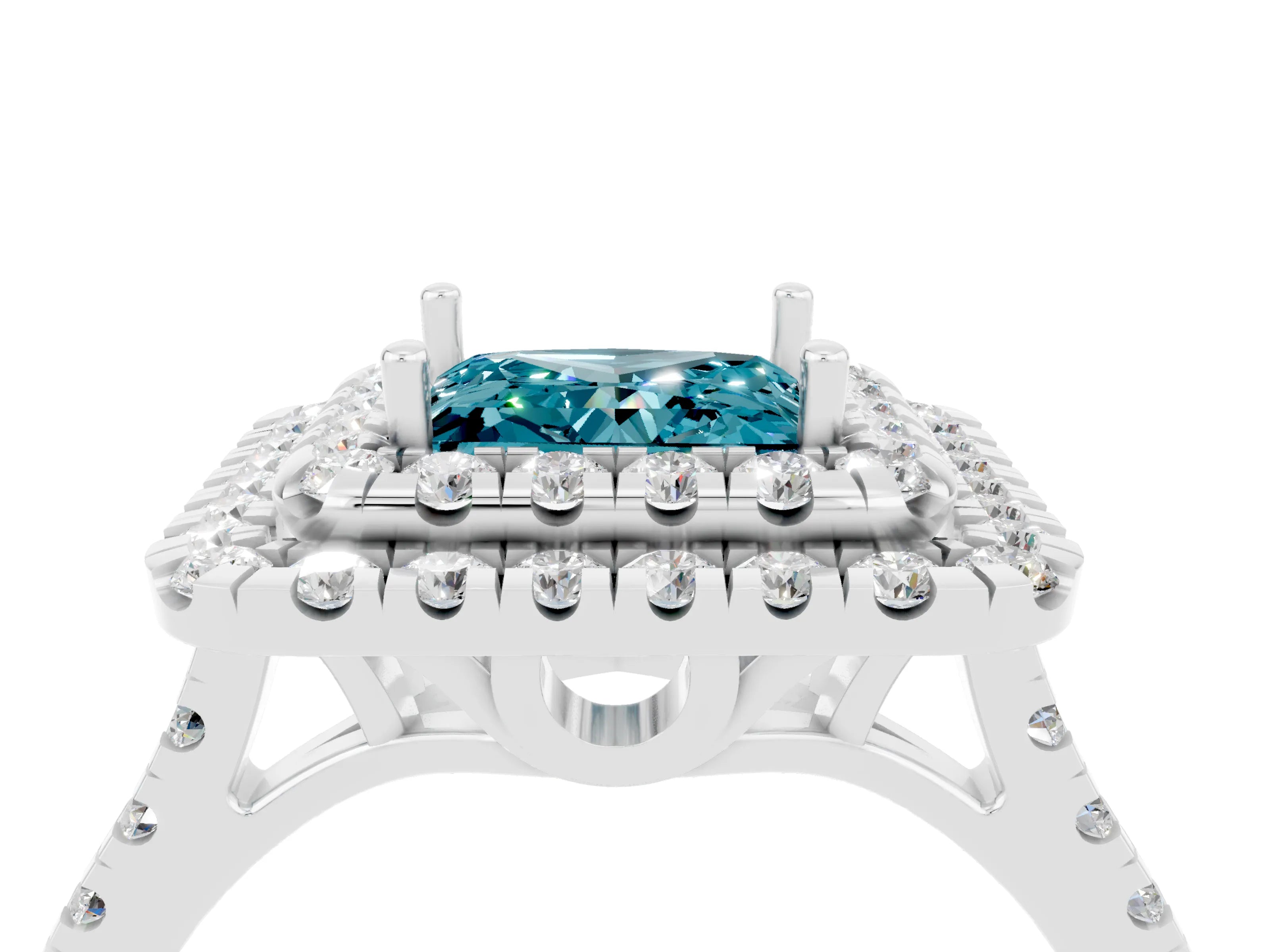 White gold Double Halo Princess Cut Blue Topaz Pavé Band with Four-Prong Setting_4