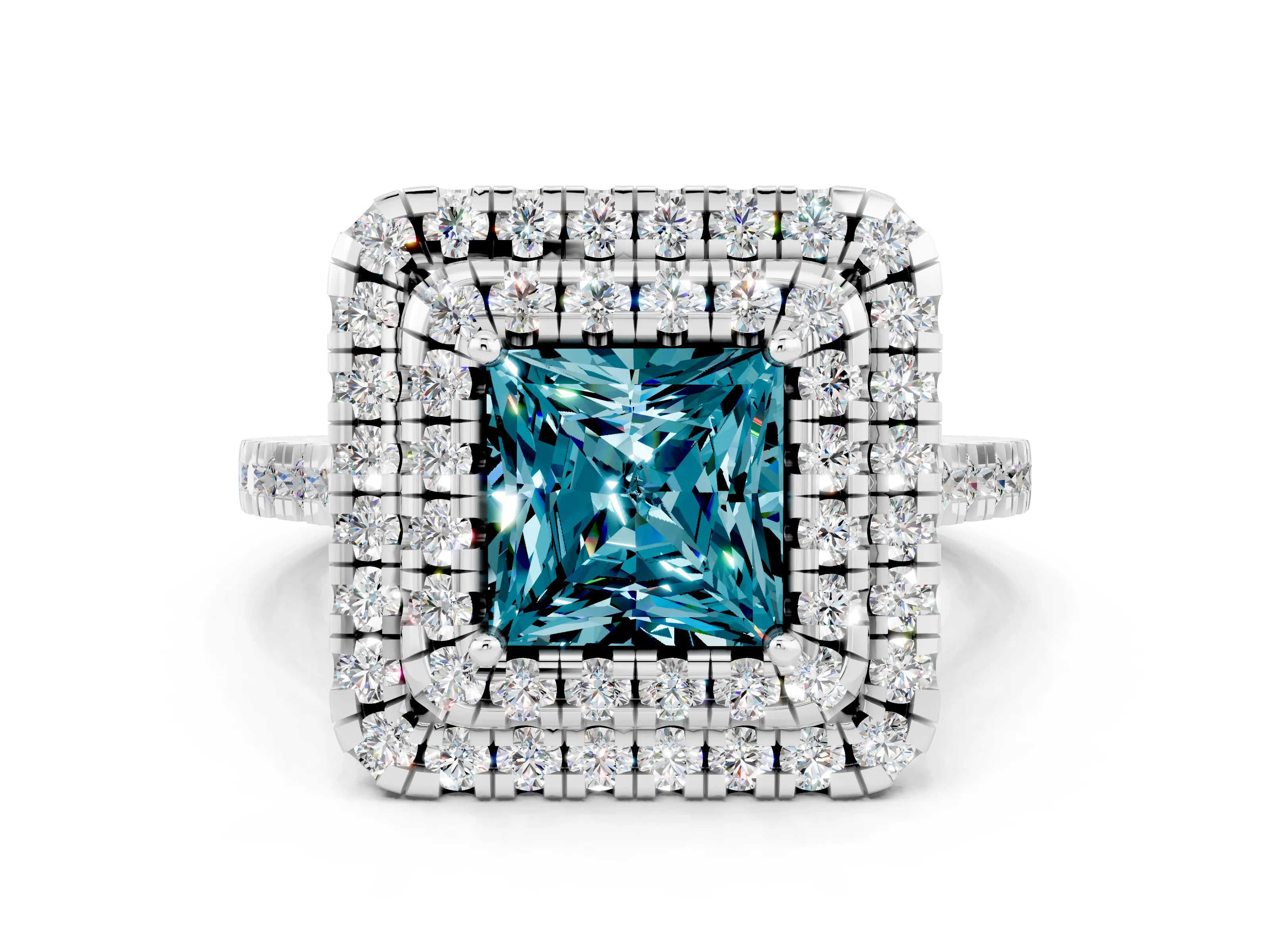 White gold Double Halo Princess Cut Blue Topaz Pavé Band with Four-Prong Setting