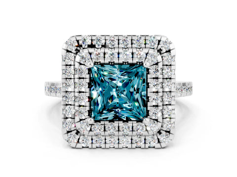 White gold Double Halo Princess Cut Blue Topaz Pavé Band with Four-Prong Setting