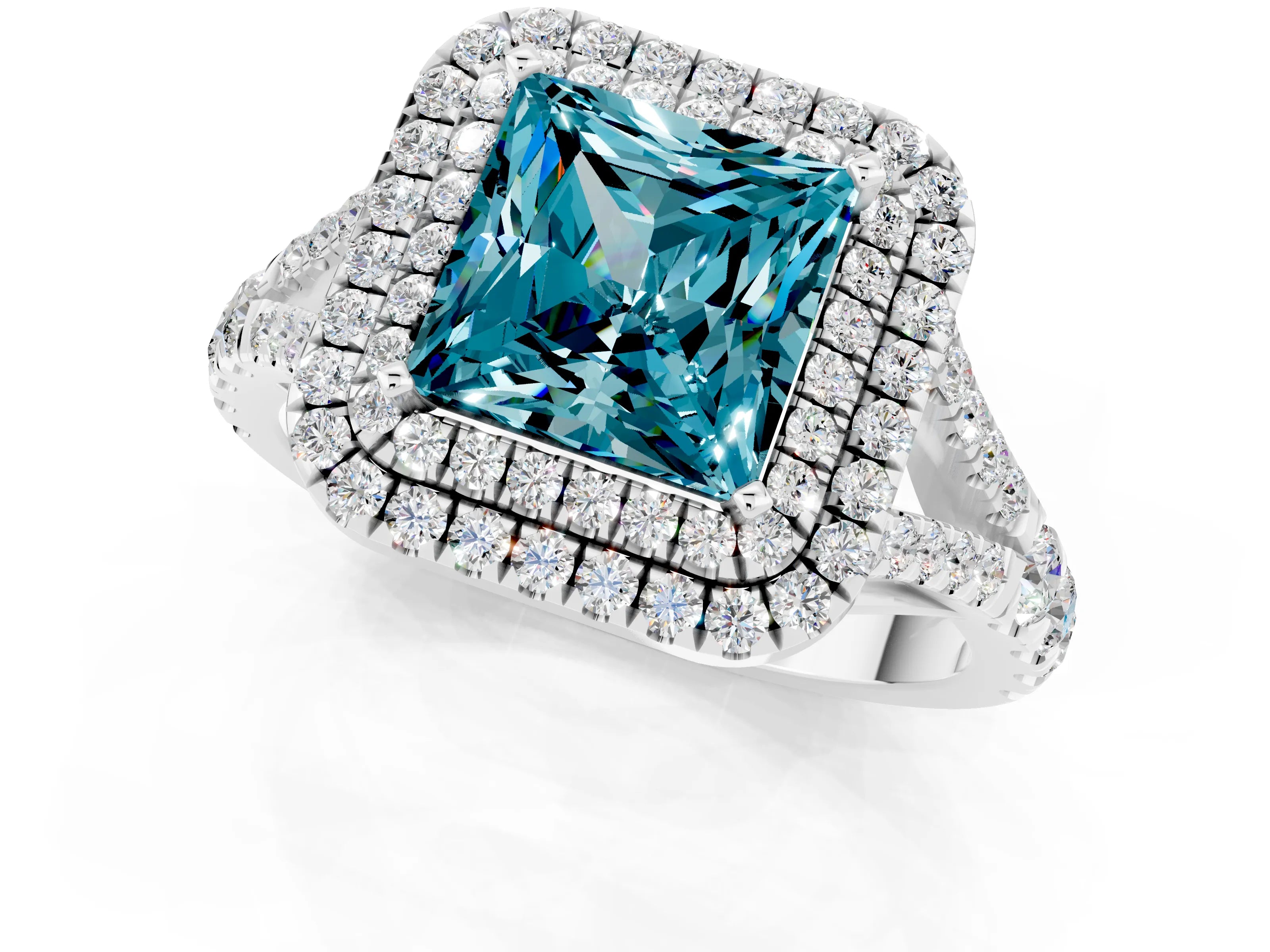 White gold Double Halo Princess Cut Blue Topaz Pavé Split Shank Ring with Prong Setting_1