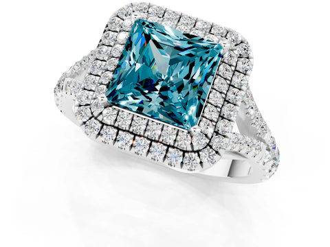 White gold Double Halo Princess Cut Blue Topaz Pavé Split Shank Ring with Prong Setting_1