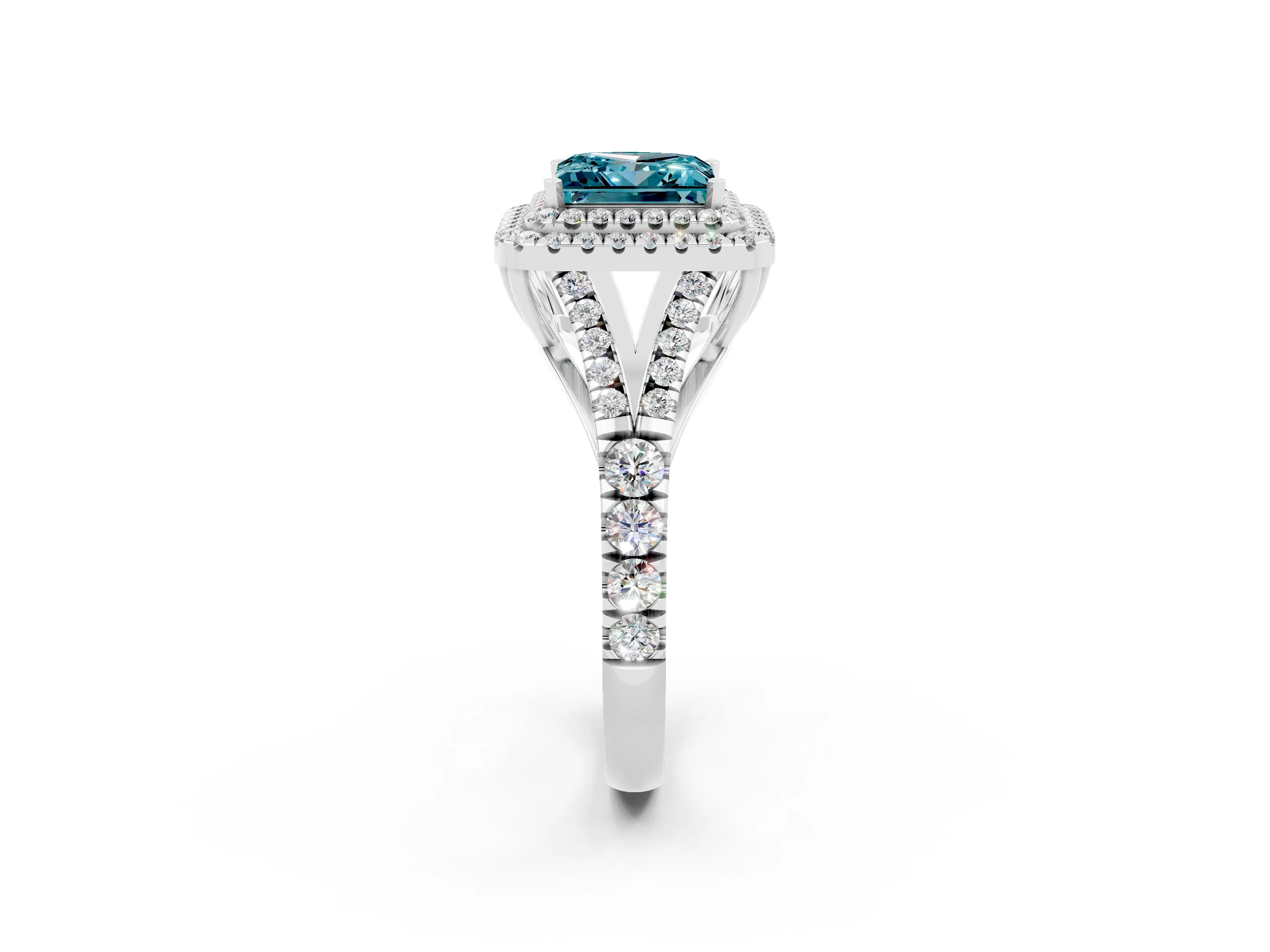 White gold Double Halo Princess Cut Blue Topaz Pavé Split Shank Ring with Prong Setting_2