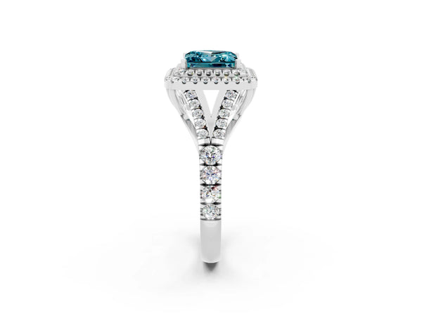 White gold Double Halo Princess Cut Blue Topaz Pavé Split Shank Ring with Prong Setting