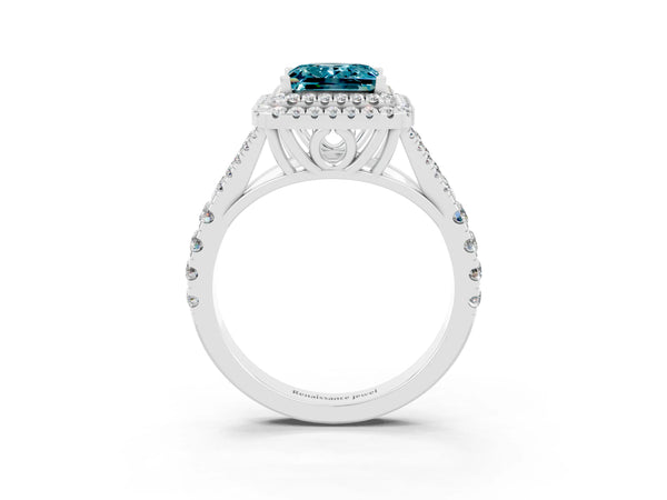 White gold Double Halo Princess Cut Blue Topaz Pavé Split Shank Ring with Prong Setting