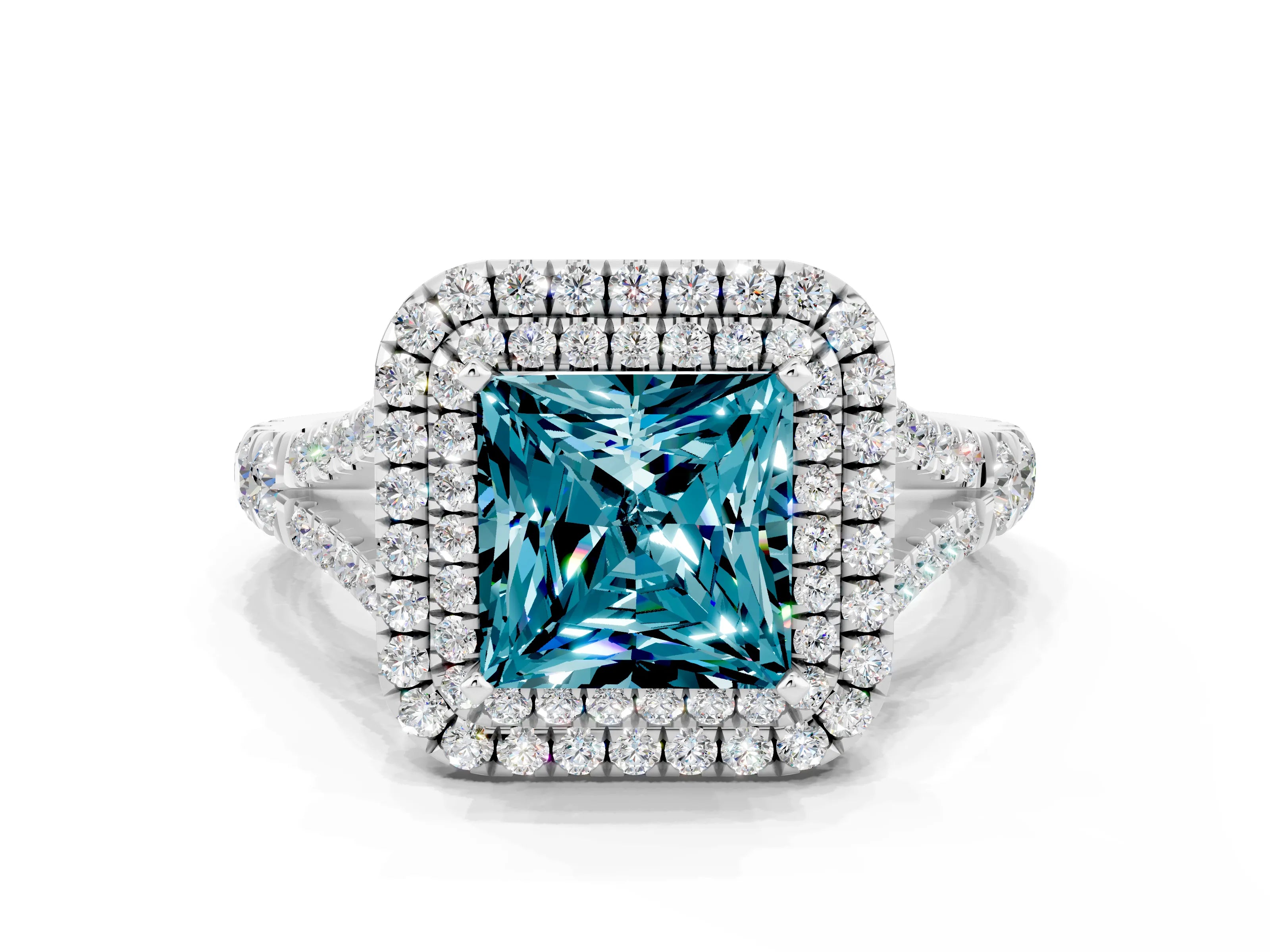 White gold Double Halo Princess Cut Blue Topaz Pavé Split Shank Ring with Prong Setting